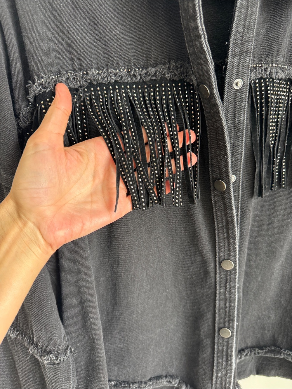 Zara Black Denim Rhinestone Fringe Oversized Jacket Size Small - Picture 5 of 15